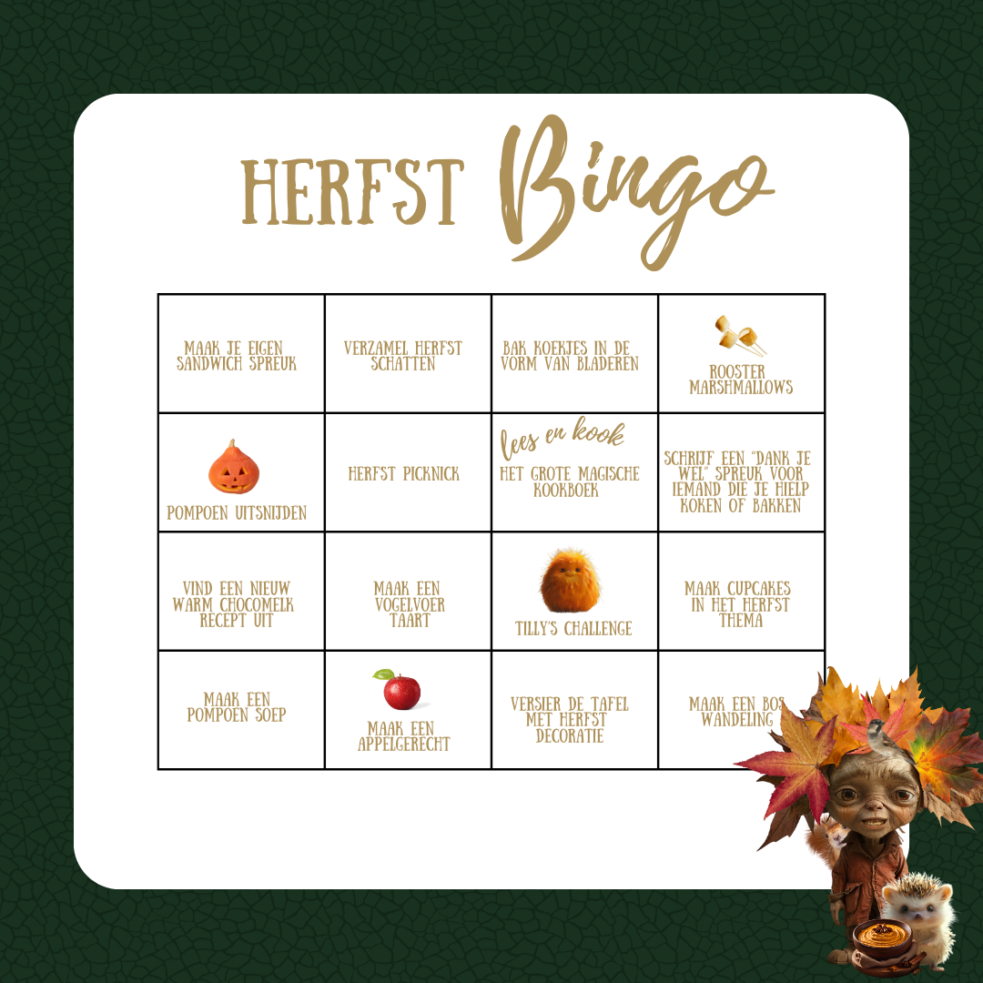 herfst bingo, herfstdecoratie, bakken, koken, marshmellows, cupcakes, boswandeling, spreuken